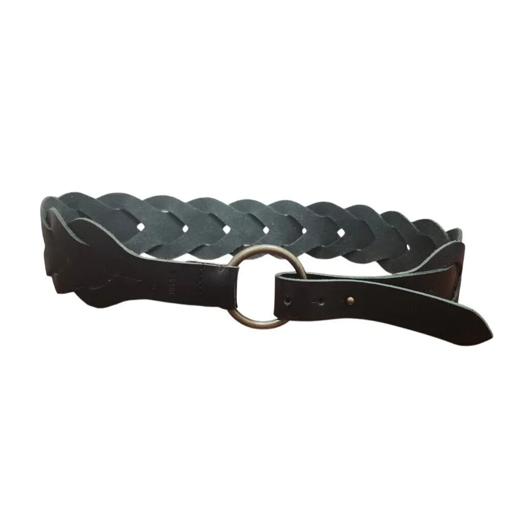 Esprit Women’s Black Buffalo Leather Braided Belt Size M Vintage Style Ring Buck